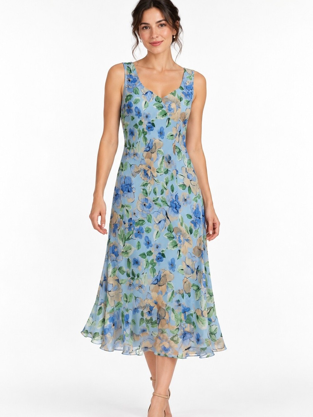 VTG Dressbarn Blue Floral Midi Dress Sleeveless A-Line Cottagecore Estimated M